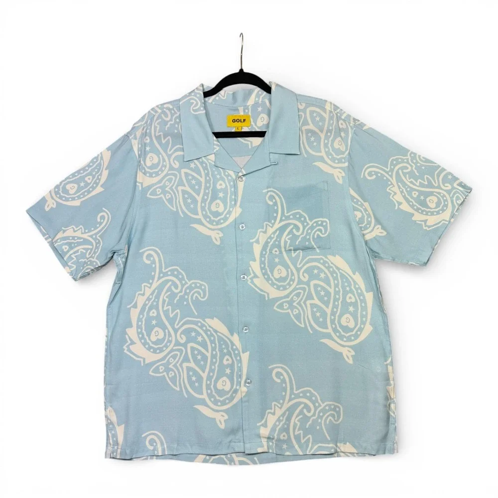 GOLF WANG Paisley Button Up Shirt Men L Light Blue Camp Loop Collar Short Sleeve